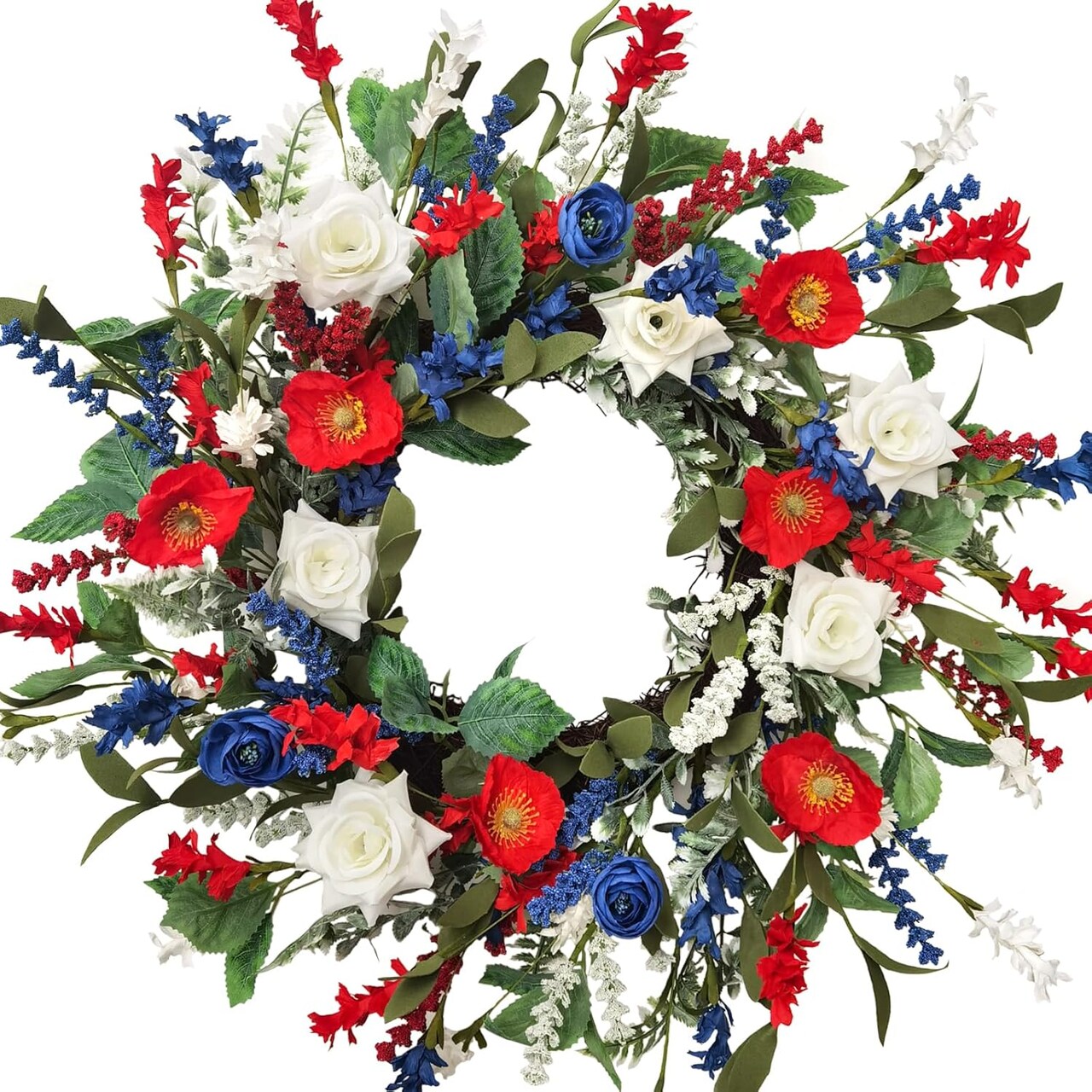 20-Inch Patriotic Independence Day Wreath for Front Door - Red, White & Blue Daisy Floral Wreath on Sturdy Grapevine Base for Memorial Day, Veterans Day & 250th American Anniversary